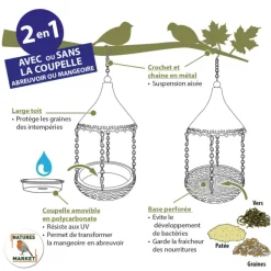 Best NATURES MARKET Abreuvoir et mangeoire pour graines et eau gris en métal Ø 20 x 32 cm