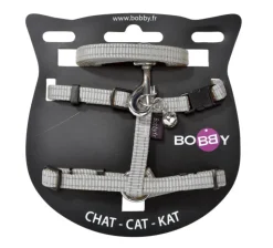 Hot BOBBY Ensemble sellerie pour chat coloris gris en nylon harnais et laisse Safe - Taille XS