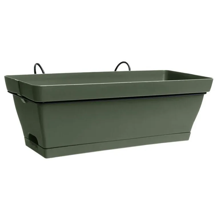 Discount EDA Jardinière avec soucoupe clipsée en plastique recyclé vert kaki et support métal Poetic Roméo - 50 cm