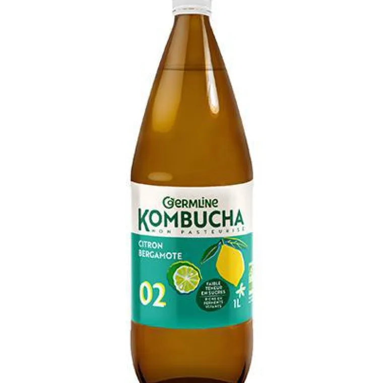 Clearance GERMLINE Kombucha non pasteurisé citron bergamote bio en bouteille de verre - 1 litre
