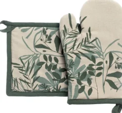 Clearance WINKLER Lot gant et manique en coton motif végétal vert Majda - 18 x 28 cm