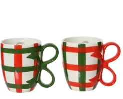 Hot KAEMINGK Mug en céramique blanche à carreaux verts et rouges et anse ruban Cadeau - Ø 9,3 x H 11,3 cm