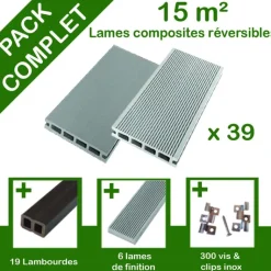 GREEN OUTSIDE Pack complet terrasse composite gris 15 m2