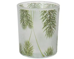New KAEMINGK Photophore en verre à motif branches de pin vert - Ø 7 x H 8,3 cm
