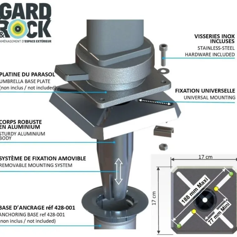 Outlet GARD & ROCK Pied amovible parasol déporté fixation universelle coloris gris en aluminium Gard&Rock - 17 x 17 x 18 cm