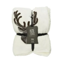 Outlet Plaid en fausse fourrure blanc cassé à motif de renne - 170 x 130 cm