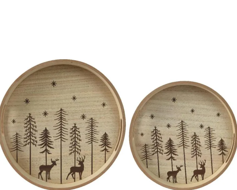 Clearance KAEMINGK Plateau décor forêt et renne coloris beige en bois - Ø 29 cm