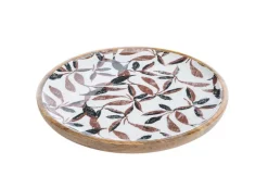 Discount Plateau rond en bois de manguier marron avec décor émaillé feuillage d’automne multicolore – Ø 30 cm