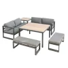 New Salon de jardin en aluminium graphite Cinto III - 6 éléments (deux banquettes, deux bancs, table d'angle et table haute carrée)