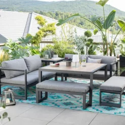 New Salon de jardin en aluminium graphite Cinto III - 6 éléments (deux banquettes, deux bancs, table d'angle et table haute carrée)
