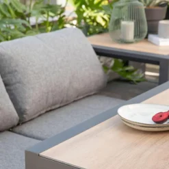 New Salon de jardin en aluminium graphite Cinto III - 6 éléments (deux banquettes, deux bancs, table d'angle et table haute carrée)