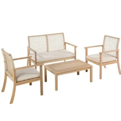 New Salon de jardin en bois et corde coloris beige Séquoïa - 4 éléments (canapé, table basse et deux fauteuils)