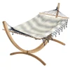 Best JOBEK Set support et hamac EsKapade coloris rayé marine à franges bleues en bois et polypropylène Hamacs - 323 x 125 x 128 cm