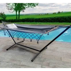 New JOBEK Set support et hamac MetaliK coloris anthracite à franges en métal et polypropylène certifié FSC® Hamacs - 300 x 140 x 95 cm