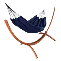 Clearance JOBEK Set support et hamac Weekend coloris bleu marine en bois et polypropylène certifié FSC® Hamacs - 350 x 125 x 136,5 cm
