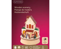 Online KAEMINGK Village animé rond en contreplaqué avec école et train lumineux 3 LED blanc chaud - Ø 15 x H 20,3 cm