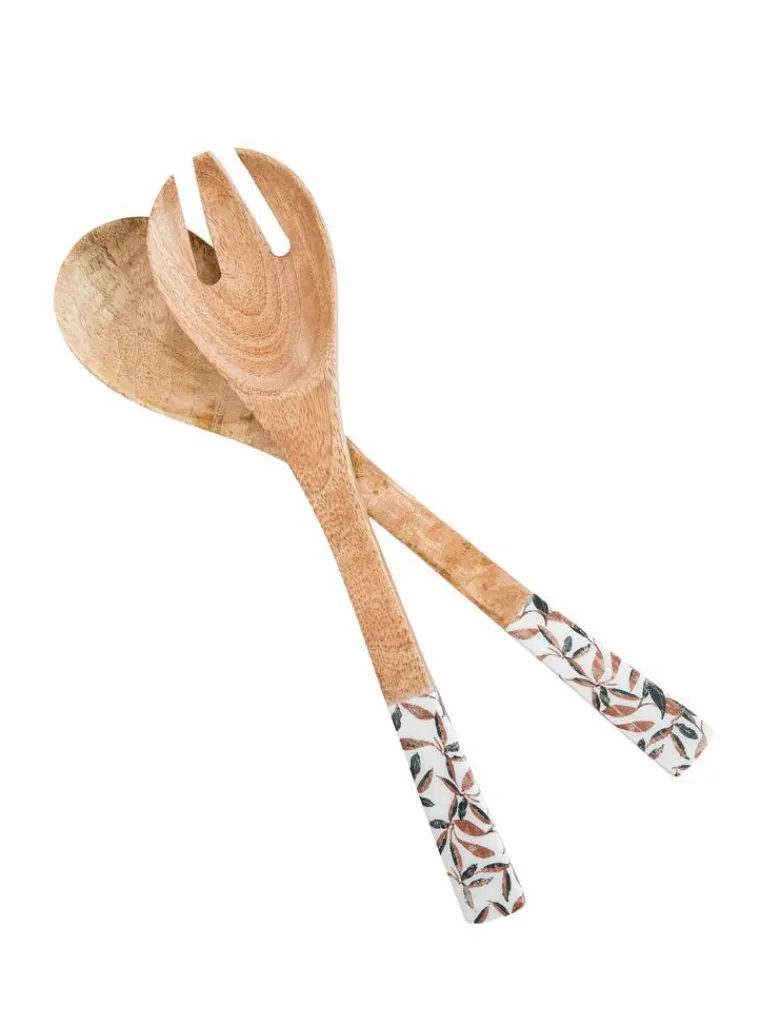 Sale Lot de 2 couverts feuillage d'automne coloris blanc en bois de manguier - 33 x 7 x 2 cm